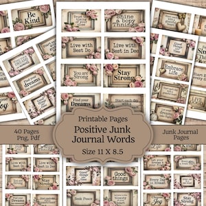 Op de afbeelding: Printbare positieve junk journal woorden op verouderd papier met bloemaccenten. Elk omlijnd woord heeft een vintage esthetiek. De pagina's bevatten zinnen als "Be Kind", "You are Strong" en "Embrace Life". De grootte is 27,9 x 21,6 cm.