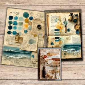 May include: A mixed media artwork with a vintage aesthetic, incorporating aged paper, watercolour samples, and botanical details. The colour scheme features blues, teals, and ochre. The composition includes a colour chart labelled "OCTANIC" and a small bottle with dried flowers.