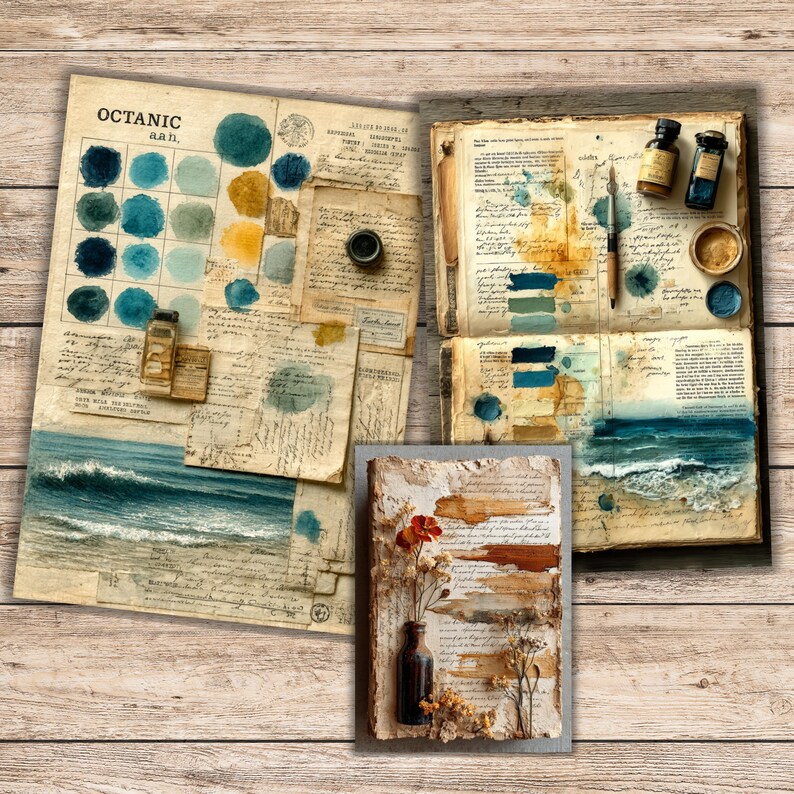 May include: A mixed media artwork with a vintage aesthetic, incorporating aged paper, watercolour samples, and botanical details. The colour scheme features blues, teals, and ochre. The composition includes a colour chart labelled "OCTANIC" and a small bottle with dried flowers.