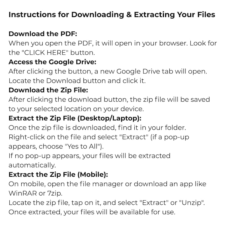 Pu&ograve; includere: Istruzioni per scaricare ed estrarre i tuoi file. Il testo spiega come scaricare file PDF e Zip e come estrarre file Zip su desktop/laptop e dispositivi mobili.