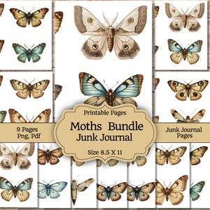 May include: A collection of printable pages featuring watercolor illustrations of various moths. The pages are labeled "Moths Bundle Junk Journal" and include the size 8.5 x 11 inches. The images showcase moths in shades of brown, blue, and green.