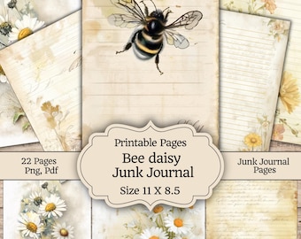 Honey Bee Junk Journal Kit, Vintage Daisy Printable Paper, Watercolor Bee Ephemera, Honeycomb Collage Sheets, Flower Scrapbook, 22 Pages