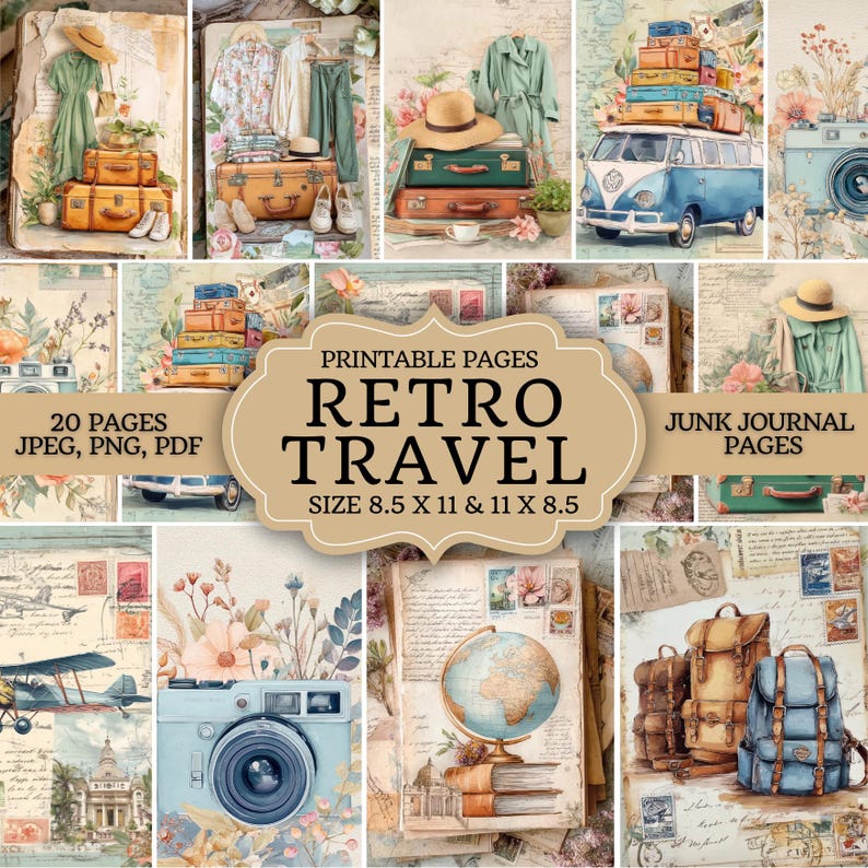 Retro Travel Junk Journal Kit – Vintage Vacation Ephemera, Printable ...