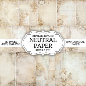 Puede incluir: Un conjunto de veinte páginas de papel neutro imprimibles para junk journals, disponibles en formatos JPEG, PNG y PDF. El papel tiene una estética vintage con patrones florales y de cuadrícula. El tamaño del papel es de 21,59 x 27,94 cm.