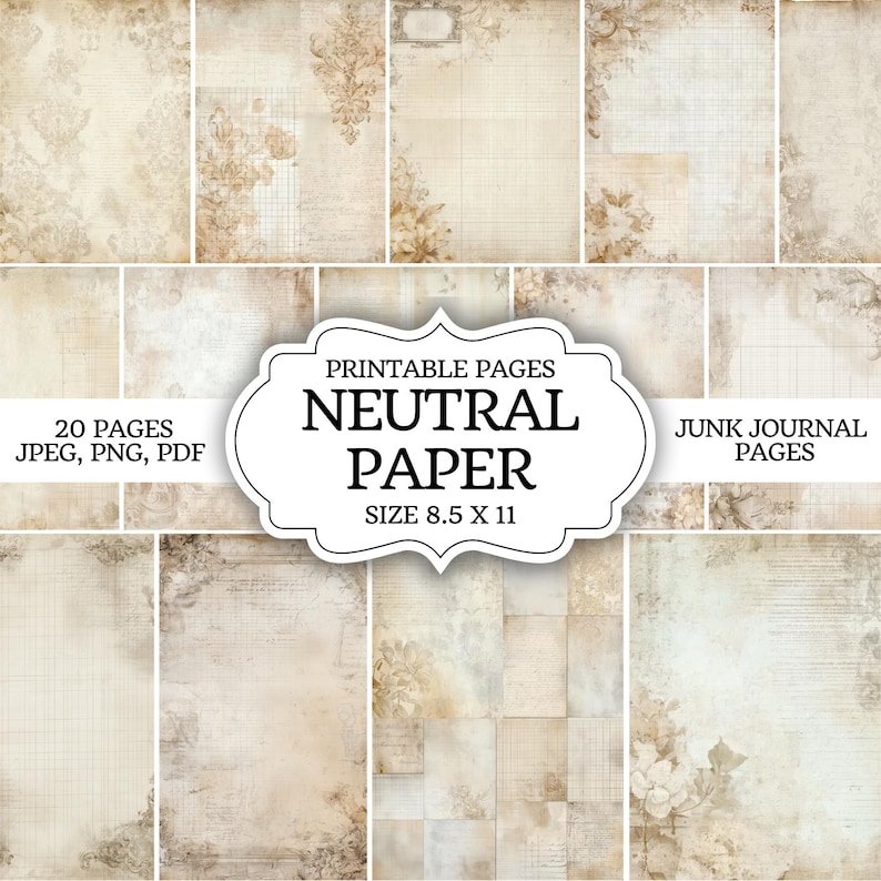 May include: A collection of twenty printable neutral paper pages for junk journals. The pages are in JPEG, PNG, and PDF formats. The paper has a vintage aesthetic with floral and grid patterns. The paper size is 8.5 x 11 inches.