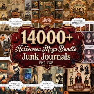 Può includere: Una collezione digitale di oltre 14000 pagine di junk journal, cartoline e bambole di carta a tema Halloween in formato PNG e PDF. Le immagini presentano illustrazioni in stile vintage di zucche, scheletri, streghe e case infestate.