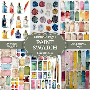 Op de afbeelding: Een collage van aquarel kunstbenodigdheden en ephemera. De afbeelding bevat kleurrijke flessen, zegelwas, labels, kleurstalen en penselen. Tekst op de afbeelding luidt "Printable Pages PAINT SWATCH Size 85 X 11" en "Junk Journal Pages."
