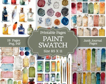 Páginas de diario basura con muestras de pintura / Folio de muestra de color vintage, etiquetas, efímeras, imprimibles para álbumes de recortes con técnica mixta