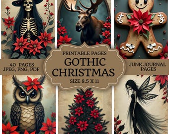 Libro de recortes navideño gótico imprimible, efímeros navideños oscuros, descarga digital, páginas grunge vintage para libros de recortes, suministros para manualidades DIY