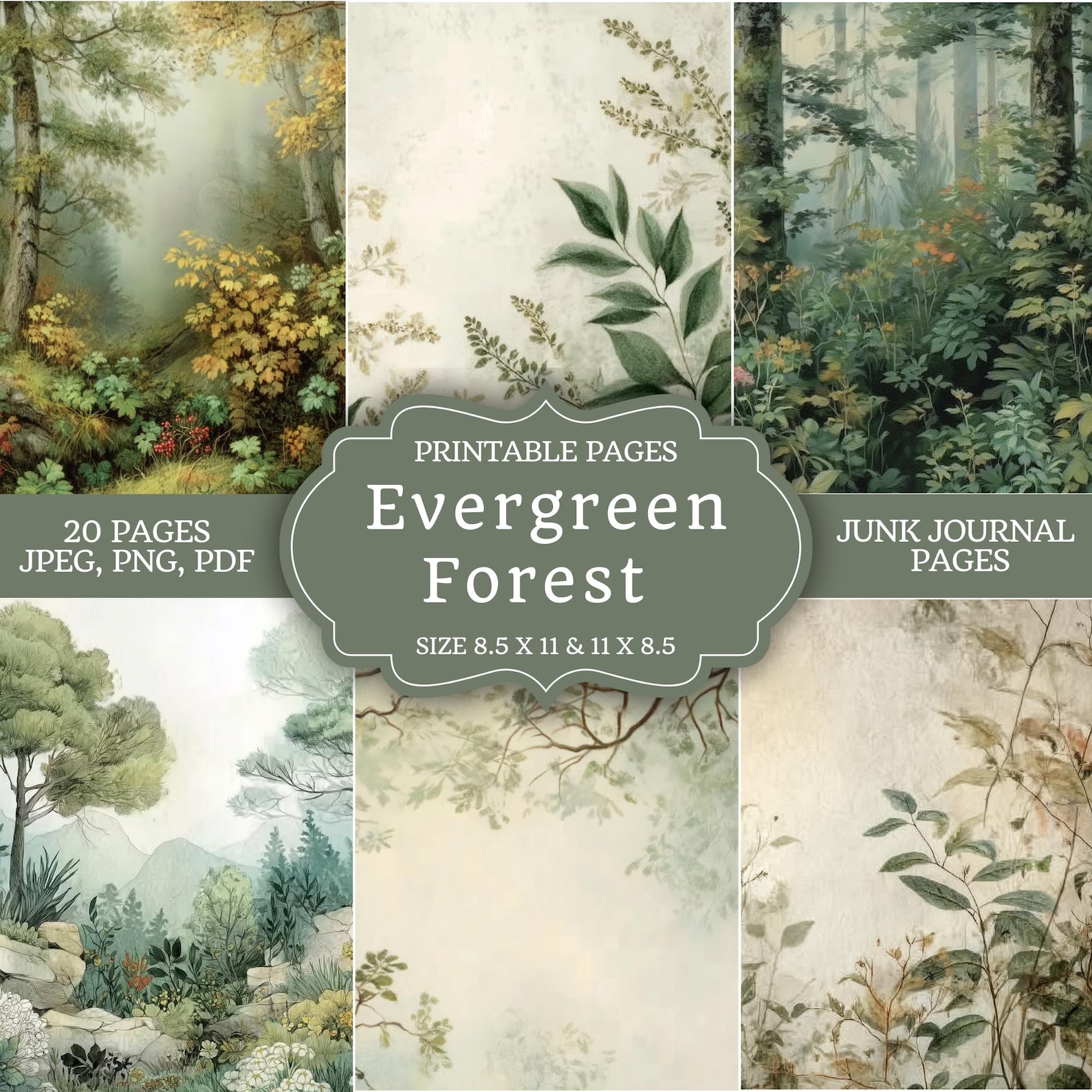 Evergreen Forest Junk Journal Pages Digital | Botanical Watercolor ...