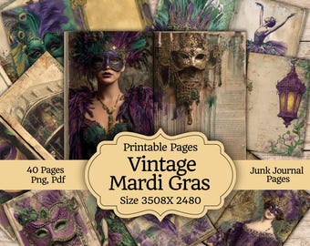 Vintage Mardi Gras Junk Journal Pages, Printable Ephemera, Vintage Masquerade Scrapbook Papers, Digital Download