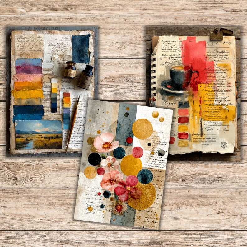 May include: Three pieces of art are displayed on a wooden surface. One is a journal with watercolour swatches and ink bottles. Another is a spiral-bound notebook with a coffee cup illustration. The third piece has floral and geometric designs.