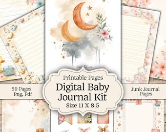 Kit de diario creativo para bebés, libro de recuerdos para la habitación del bebé en tonos pastel, artículos para baby shower de recién nacido, páginas de álbum de recortes estilo boho, etiquetas de crecimiento vintage, 42 páginas.