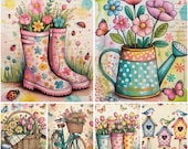 Whimsical Spring Junk Journal Pages: Cottagecore Floral Printable Papers with Butterflies Ladybugs & Tulips, Digital download