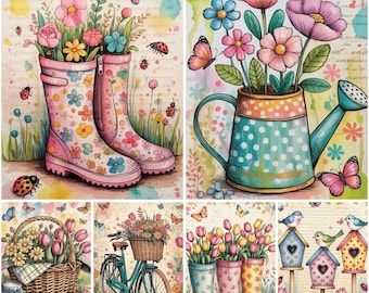 Páginas de diario primaveral caprichosas: Papeles florales imprimibles de estilo cottagecore con mariposas, mariquitas y tulipanes. Descarga digital.