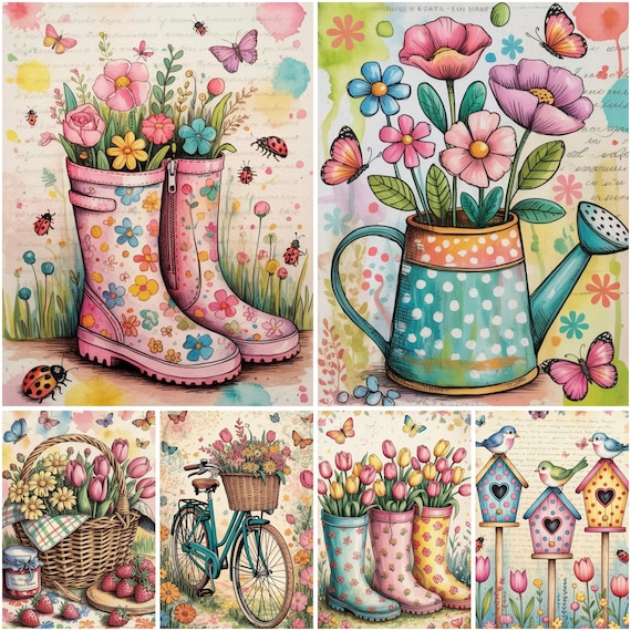 Whimsical Spring Junk Journal Pages: Cottagecore Floral Printable Papers with Butterflies Ladybugs & Tulips, Digital download