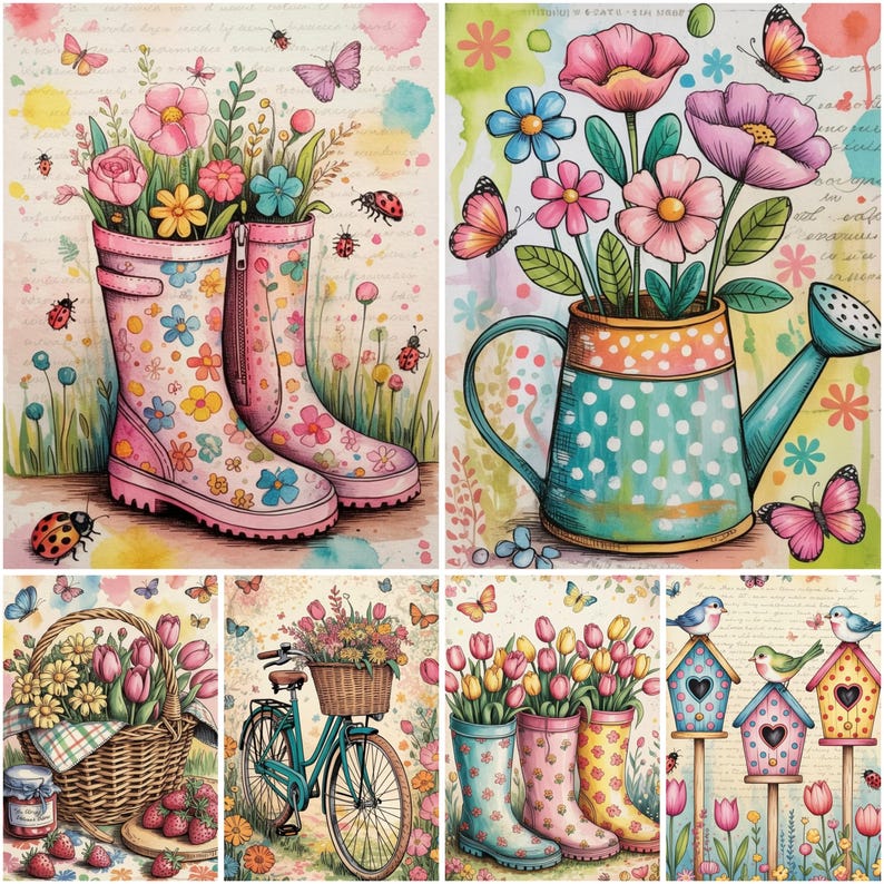 Pu&ograve; includere: Illustrazioni ad acquerello di scene primaverili. Le immagini includono stivali di gomma rosa pieni di fiori, un annaffiatoio con fiori, una bicicletta con un cesto di fiori, un cestino da picnic con fragole e casette per uccelli. Sono presenti anche farfalle e coccinelle.