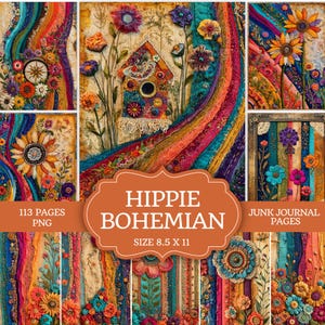 Op de afbeelding: Een verzameling van 113 digitale junk journal pagina's in PNG-formaat, formaat 8,5 x 11 inch, met levendige textielkunst met gelaagde stof, ingewikkeld bloemenborduurwerk, kleurrijke linten en een centraal vogelhuisje-motief met tekst.