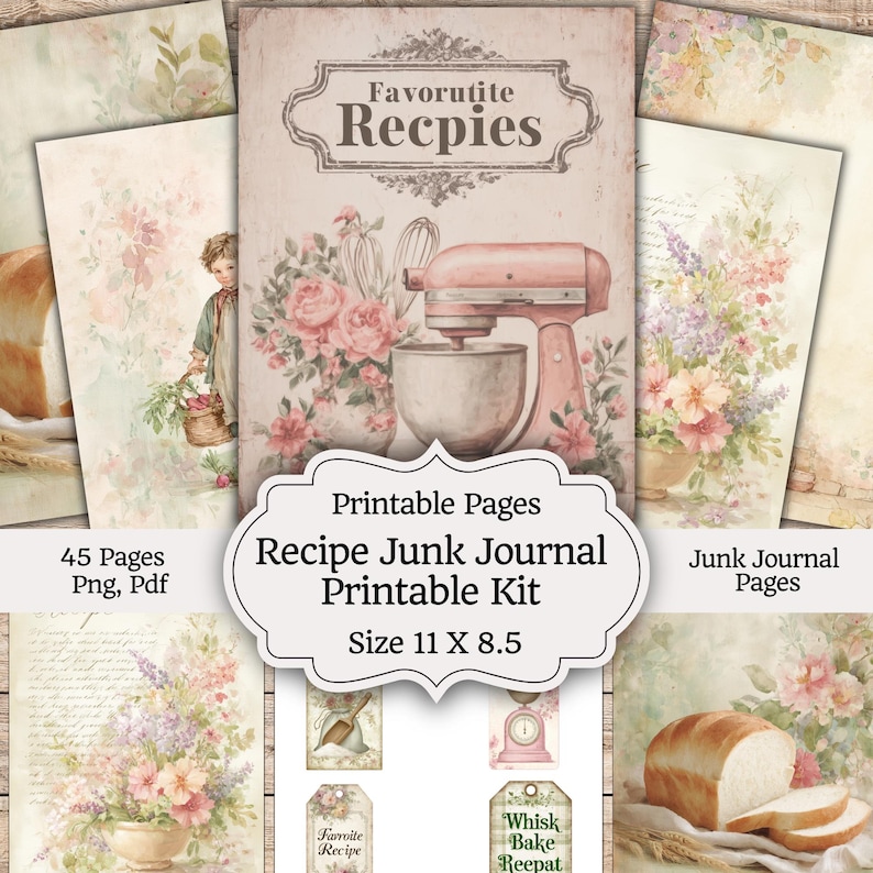 Recipe Junk Journal Printable Kit, Vintage Kitchen Scrapbooking ...