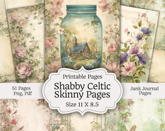 Shabby Celtic Skinny Junk Journal Kit, Vintage Green Cottagecore Digital Papers, Shabby Chic Scrapbook Pages Bundle, Junk Journal Supplies