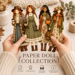 Può includere: Una collezione di bambole di carta con quattro figure illustrate in abiti autunnali, inclusi cappelli, sciarpe e vestiti floreali. Il testo recita PAPER DOLL COLLECTION, 33 PAGES, HIGH QUALITY, PNG FILES INCLUDED e INSTANT DIGITAL DOWNLOAD.
