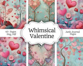 May include: A set of digital journal pages with a Valentine's Day theme. The illustrations include hearts, flowers, and trees in pink, red, and blue hues. The text "Whimsical Valentine" is displayed on a white banner.