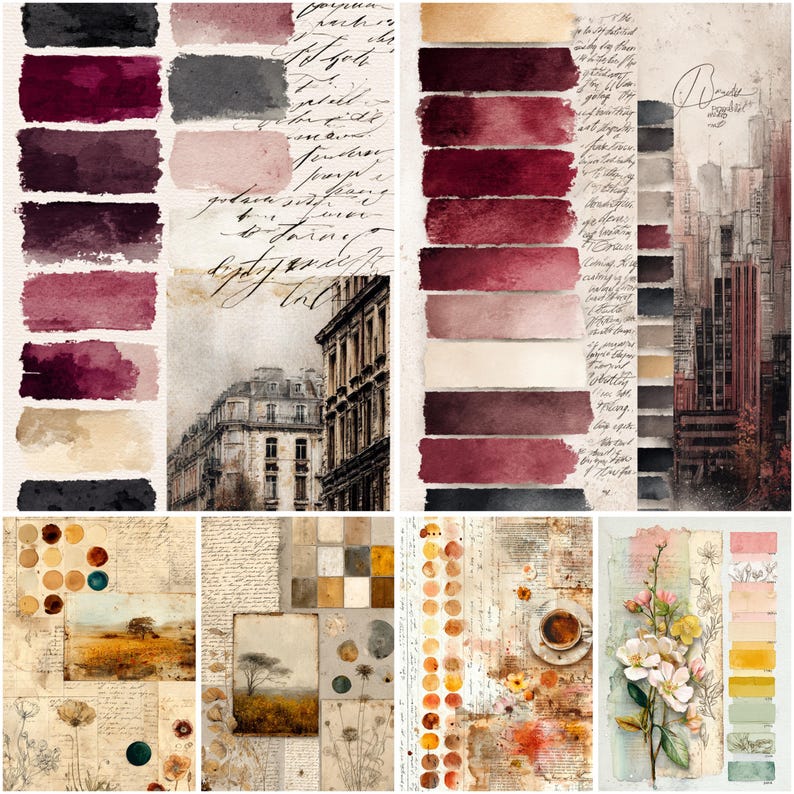 May include: A mixed media collage featuring watercolour paint swatches in burgundy, pink, and grey. Includes architectural sketches, botanical illustrations, and handwritten script, with a vintage aesthetic.