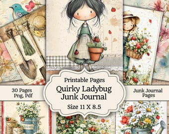 Kit de diario creativo con mariquitas originales, hadas mariquitas caprichosas, papel digital estilo cottagecore, elementos decorativos de la naturaleza primaveral, hoja de collage, 42 páginas.