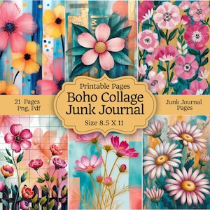 May include: A collection of printable Boho Collage Junk Journal pages. The pages feature watercolor floral designs in pink, yellow, and white. The size is 8.5 x 11 inches. The image includes the text "21 Pages Png, Pdf" and "Junk Journal Pages."