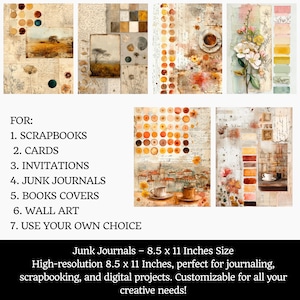 May include: A set of vintage-style junk journal pages featuring watercolour illustrations, including landscapes, flowers, and coffee cups. The image text reads "FOR: 1. SCRAPBOOKS 2. CARDS 3. INVITATIONS 4. JUNK JOURNALS 5. BOOKS COVERS 6. WALL ART 7. USE YOUR OWN CHOICE". The size is 21.6 x 27.9 cm.