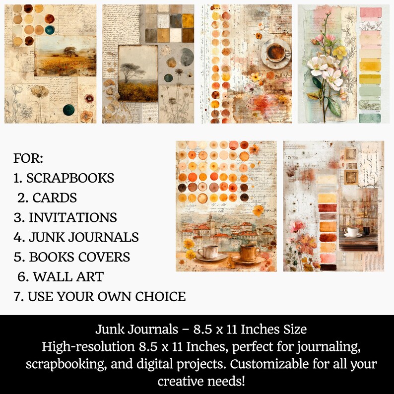 May include: A set of vintage-style junk journal pages featuring watercolour illustrations, including landscapes, flowers, and coffee cups. The image text reads "FOR: 1. SCRAPBOOKS 2. CARDS 3. INVITATIONS 4. JUNK JOURNALS 5. BOOKS COVERS 6. WALL ART 7. USE YOUR OWN CHOICE". The size is 21.6 x 27.9 cm.