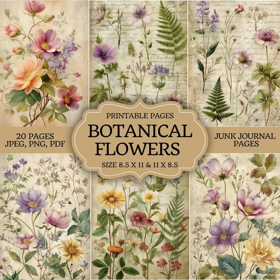 Botanical Flowers Junk Journal Kit – Printable Floral Pages, Vintage ...