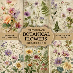Pode incluir: Páginas de flores botânicas imprimíveis para junk journals. As páginas apresentam ilustrações em aquarela de várias flores em tons de rosa, roxo, amarelo e verde, com fundos manuscritos. O texto na imagem diz "Botanical Flowers".
