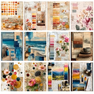 May include: A series of watercolour art prints with diverse themes. Each print displays a unique colour palette, ranging from warm oranges and yellows to cool blues and pinks. Some prints feature coffee cups, flowers, and landscapes, all set against a backdrop of vintage paper.