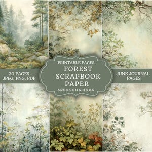 Può includere: Una collezione di pagine di carta per scrapbook forestali stampabili. L'immagine presenta vari disegni a tema natura, tra cui scene di foreste nebbiose, rami di alberi e fogliame. Il testo sull'immagine recita "FOREST SCRAPBOOK PAPER" e "JUNK JOURNAL PAGES". I formati carta sono 21,6 x 27,9 cm e 27,9 x 21,6 cm.