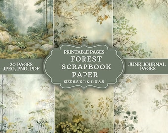 May include: A collection of printable forest scrapbook paper pages. The image features various nature-themed designs, including misty forest scenes, tree branches, and foliage. The text on the image reads "FOREST SCRAPBOOK PAPER" and "JUNK JOURNAL PAGES". The paper sizes are 8.5 x 11 and 11 x 8.5 inches.