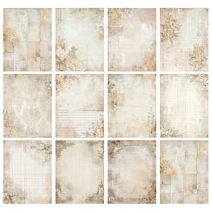May include: A collection of twelve vintage-style scrapbook papers. Each sheet features a beige and cream color palette with floral and grid patterns. Some papers have a distressed look, with faded text and aged edges, perfect for crafting.