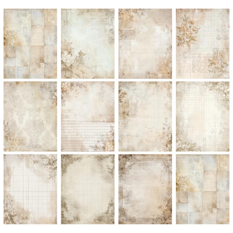 May include: A collection of twelve vintage-style scrapbook papers. Each sheet features a beige and cream color palette with floral and grid patterns. Some papers have a distressed look, with faded text and aged edges, perfect for crafting.
