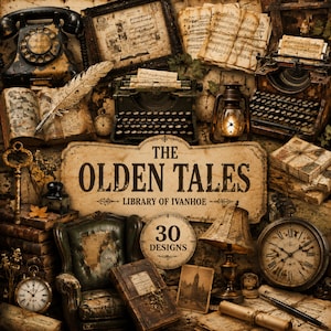 Könnte beinhalten: Eine Sammlung von Vintage-Gegenständen, darunter ein schwarzes Wählscheibentelefon, eine Schreibmaschine, eine Laterne, eine Feder und Stapel alter Bücher. Ein zentrales Schild trägt die Aufschrift THE OLDEN TALES LIBRARY OF IVANHOE mit 30 DESIGNS.