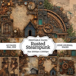 May include: A collage of steampunk-themed digital art elements. The image features gears, clocks, and architectural details in shades of brown, copper, and teal. Text includes "Printable Pages," "Rusted Steampunk," and "45 Pages PNG, PDF."