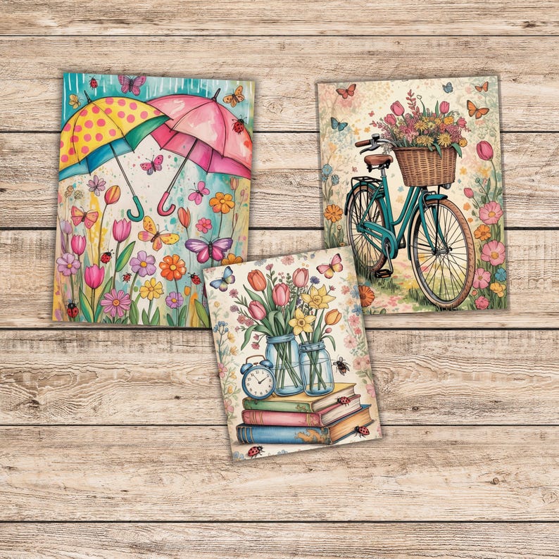 Pu&ograve; includere: Tre stampe artistiche ad acquerello su sfondo in legno. Una stampa presenta due ombrelli con farfalle e fiori. Un'altra mostra una bicicletta con un cesto di fiori. La terza stampa mostra fiori in vasi, libri e un orologio.