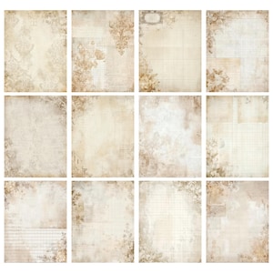 May include: A collection of twelve vintage-style scrapbook paper sheets. Each sheet features a cream-colored background with aged textures, floral accents, and subtle grid or script patterns. The papers have a distressed, antique aesthetic.