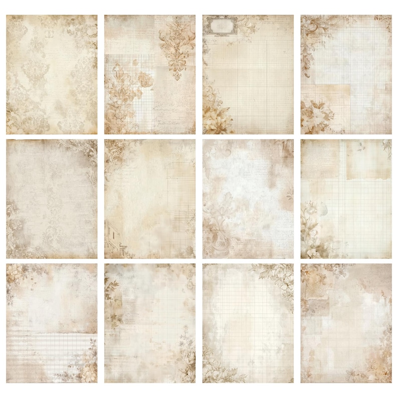 May include: A collection of twelve vintage-style scrapbook paper sheets. Each sheet features a cream-colored background with aged textures, floral accents, and subtle grid or script patterns. The papers have a distressed, antique aesthetic.