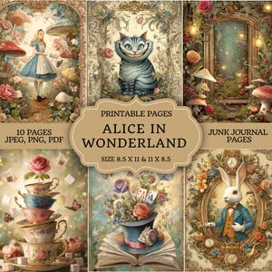 Op de afbeelding: Een collage van illustraties met personages en scènes uit "Alice in Wonderland". De afbeeldingen tonen Alice, de Cheshire Cat, een hoed van de Mad Hatter en een wit konijn. De tekst op de afbeelding luidt "Alice in Wonderland" en "Printbare pagina's" met formaten van 21,6 x 27,9 cm & 27,9 x 21,6 cm.