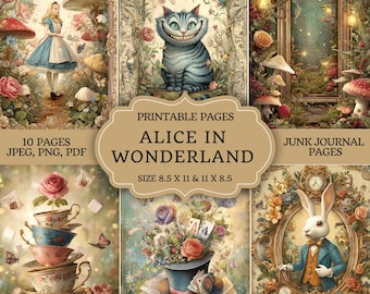 Kit de diario basura de Alicia en el País de las Maravillas: páginas imprimibles vintage, elementos digitales efímeros, kit de álbum de recortes para proyectos DIY, kit de papel de Alicia en el País de las Maravillas