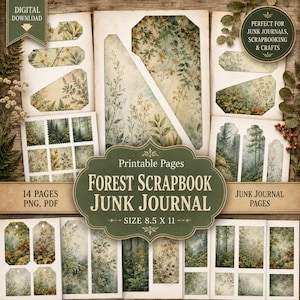 May include: Digital download of forest-themed scrapbook and junk journal pages. The pages feature watercolor illustrations of forest scenes, foliage, and tags. The set includes 14 pages in PNG and PDF formats, sized 8.5 x 11 inches.