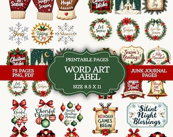 Christmas Words Art Junk Journal Ephemera, Vintage Holiday Labels, Quotes Fussy Cuts Printable, Digital Scrapbooking kit
