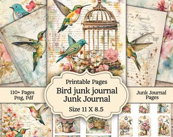 Kit imprimible para diario creativo con motivos de aves, papel digital botánico vintage con aves, efímeros florales de primavera, páginas para álbum de recortes de jardín, kit de manualidades, 37 páginas.