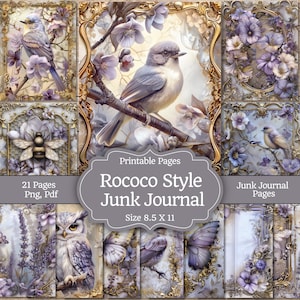 May include: A collection of Rococo-style junk journal pages. The pages feature illustrations of birds, flowers, and insects in soft pastel colors. The text on the image reads "Rococo Style Junk Journal" and "Size 8.5 X 11".