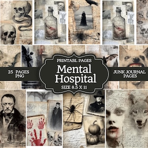 Puede incluir: Un collage de imágenes de estilo vintage con temática gótica. Las imágenes incluyen calaveras, una serpiente, una botella con una sustancia roja, una figura con un vestido negro y retratos. El texto dice "PRINTABL PAGES Mental Hospital SIZE 8.5 X 11" y "JUNK JOURNAL PAGES".